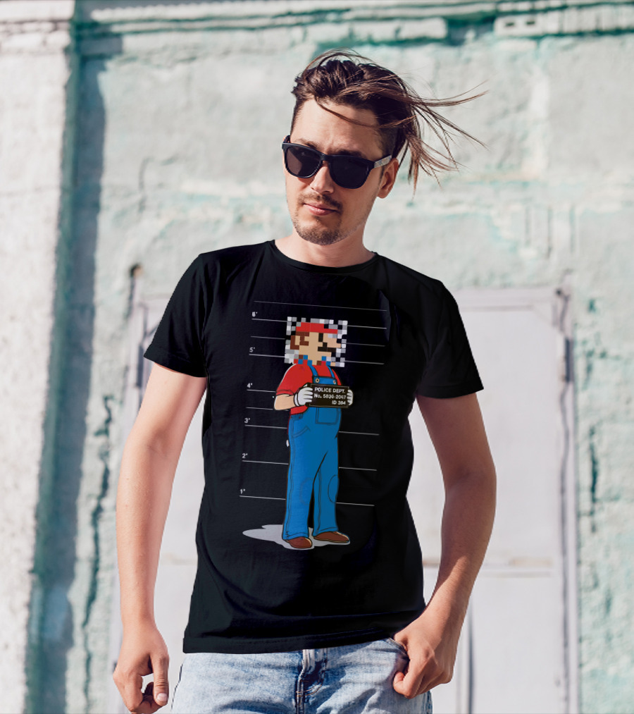 Pixelated Mario Police Department Mugshot Lineup T-Shirt