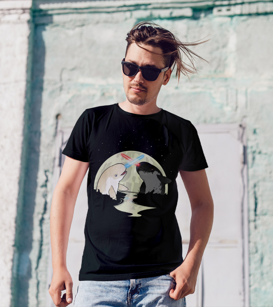 Nar Wars Battling Whales Under Cosmic Moonlight T-Shirt