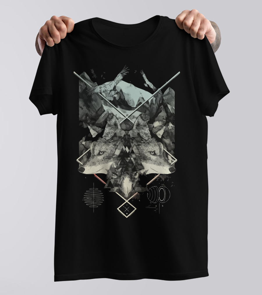 Natural Collapse Geometric Wolves And Mountains T-Shirt