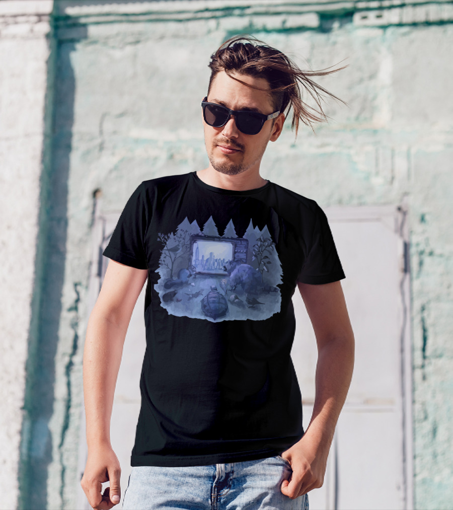 Nature Channel Forest Animals Watching City On Screen T-Shirt