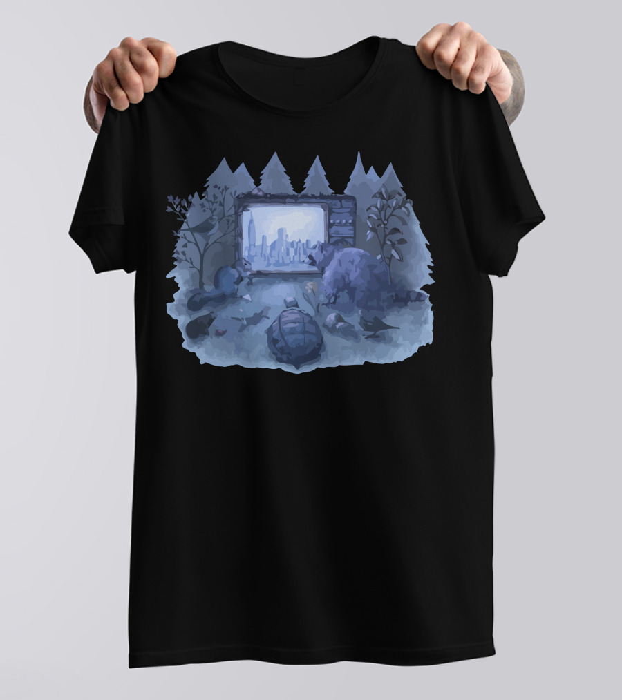 Nature Channel Forest Animals Watching City On Screen T-Shirt