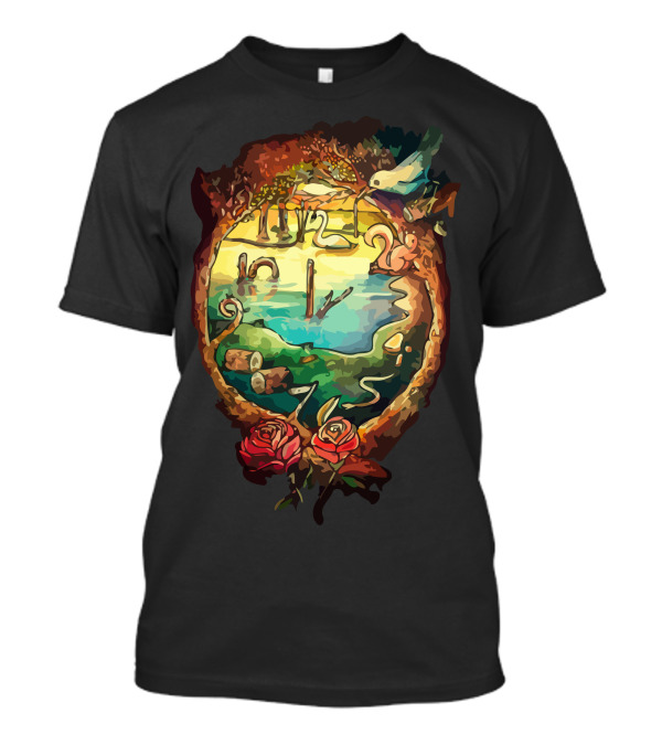 NatureS Time Enchanted Landscape With Roses And Clockwork Bird T-Shirt