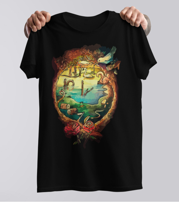 NatureS Time Enchanted Landscape With Roses And Clockwork Bird T-Shirt
