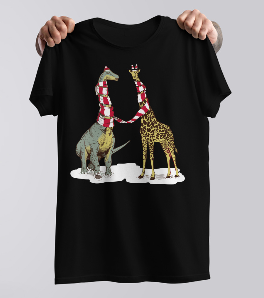 Neck The Halls Dinosaur And Giraffe In Christmas Scarves T-Shirt