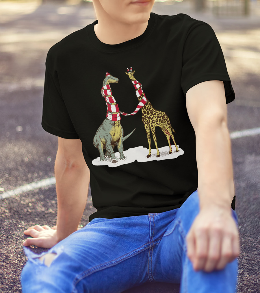 Neck The Halls Dinosaur And Giraffe In Christmas Scarves T-Shirt