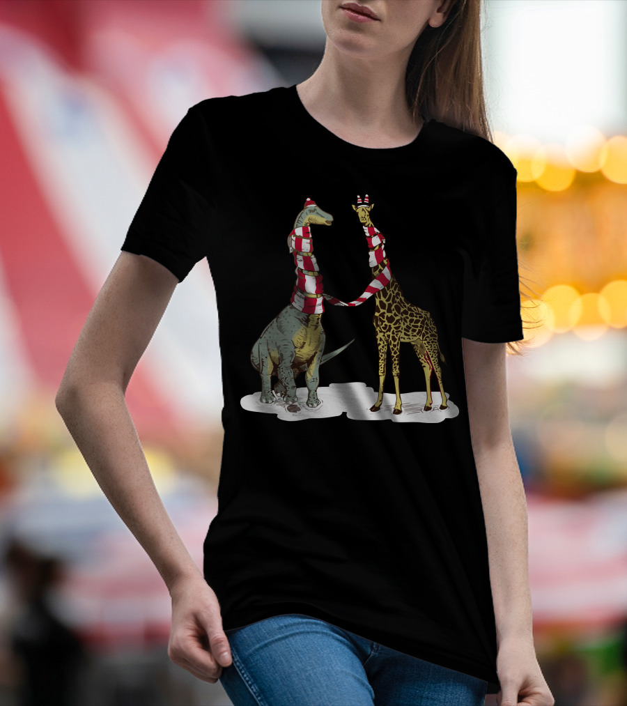 Neck The Halls Dinosaur And Giraffe In Christmas Scarves T-Shirt