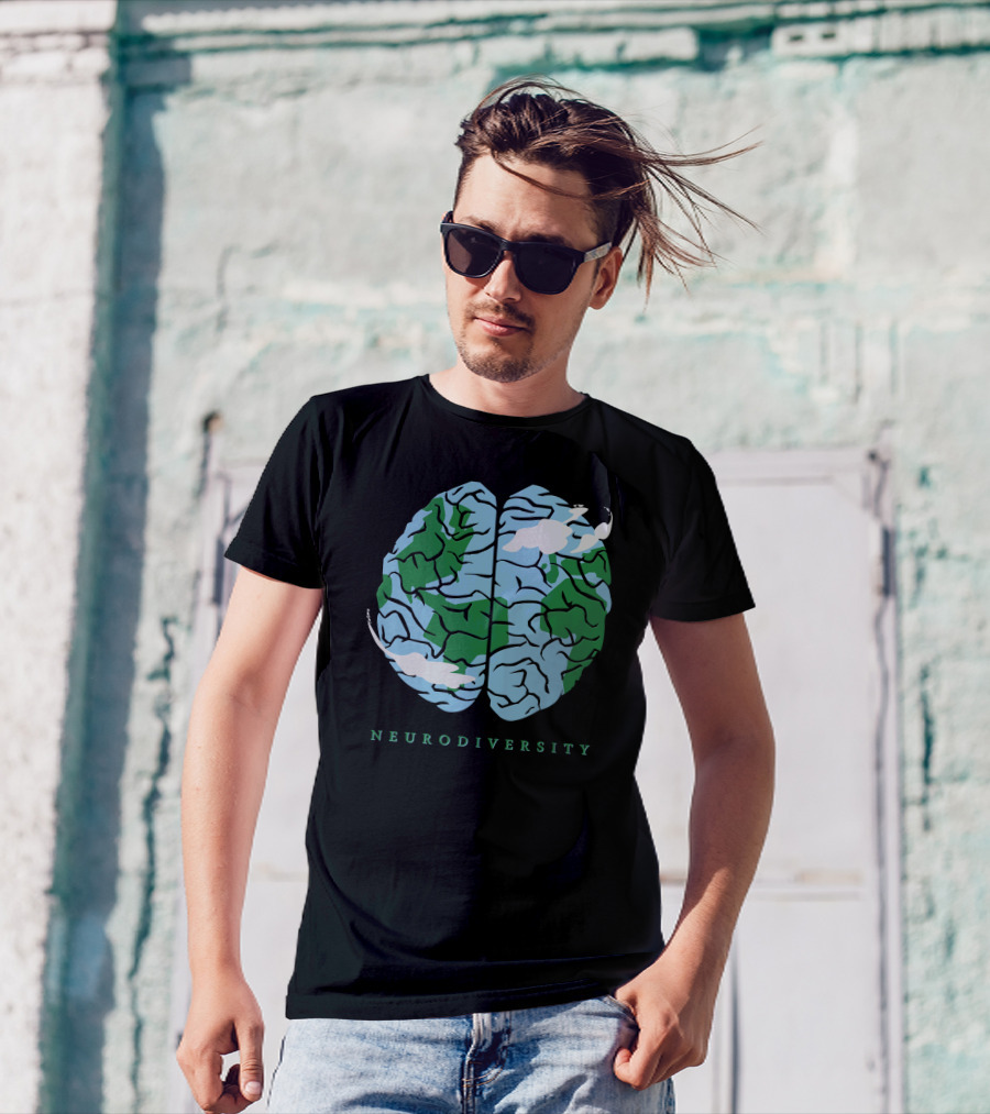 Neurodiversity Earth Brain Clouds Green Blue T-Shirt