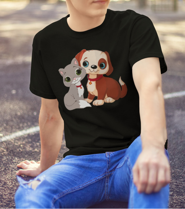 Adorable Puppy And Kitten Duo With Red Collars T-Shirt