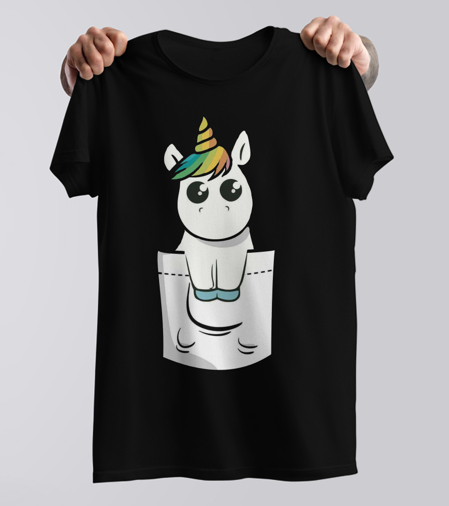 Unicorn With Rainbow Mane Sitting In Pocket T-Shirt