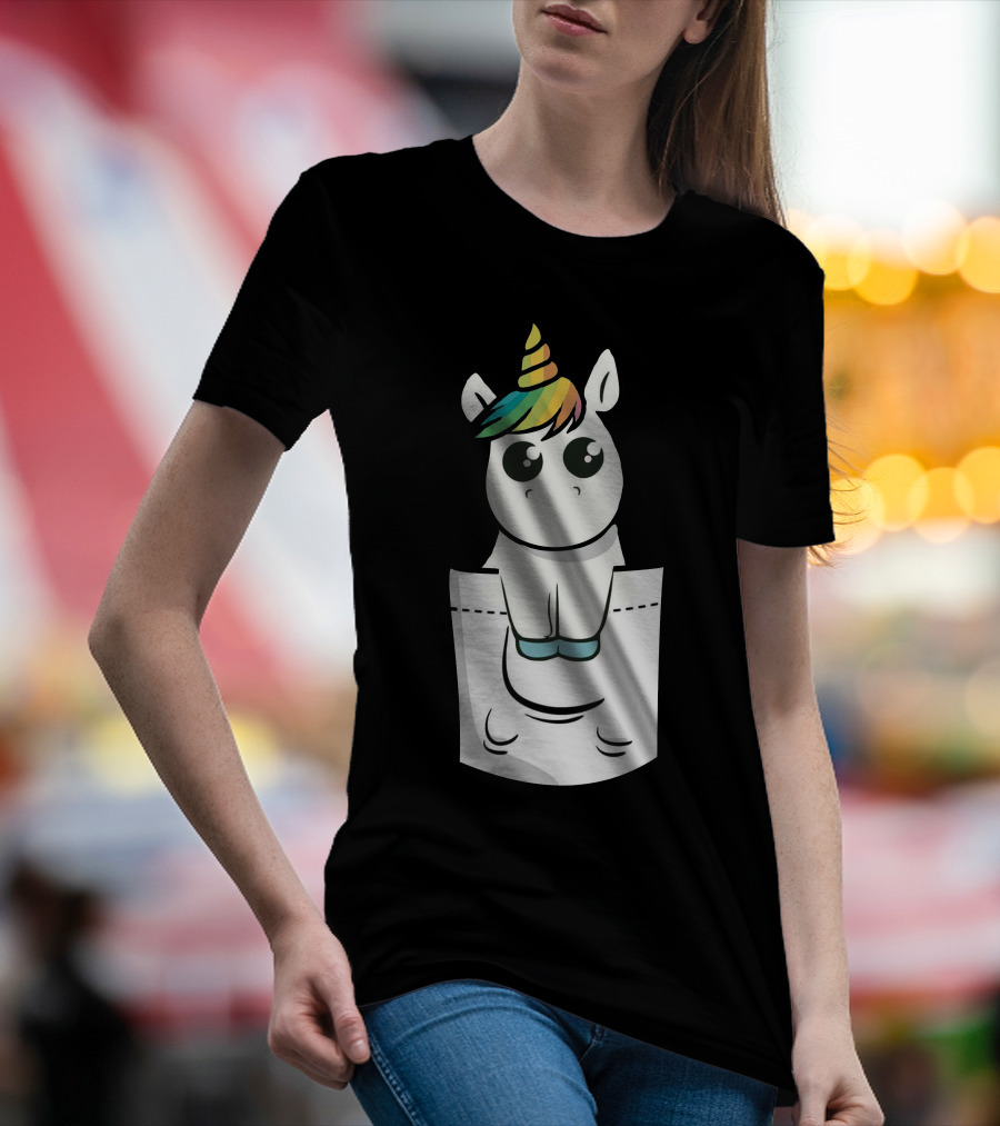 Unicorn With Rainbow Mane Sitting In Pocket T-Shirt