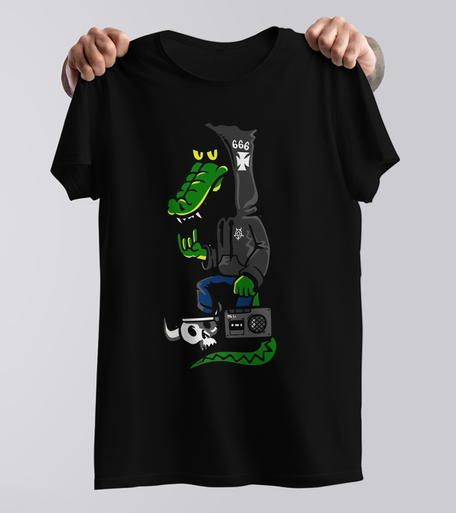 666 Hooded Crocodile With Skull And Boombox T-Shirt