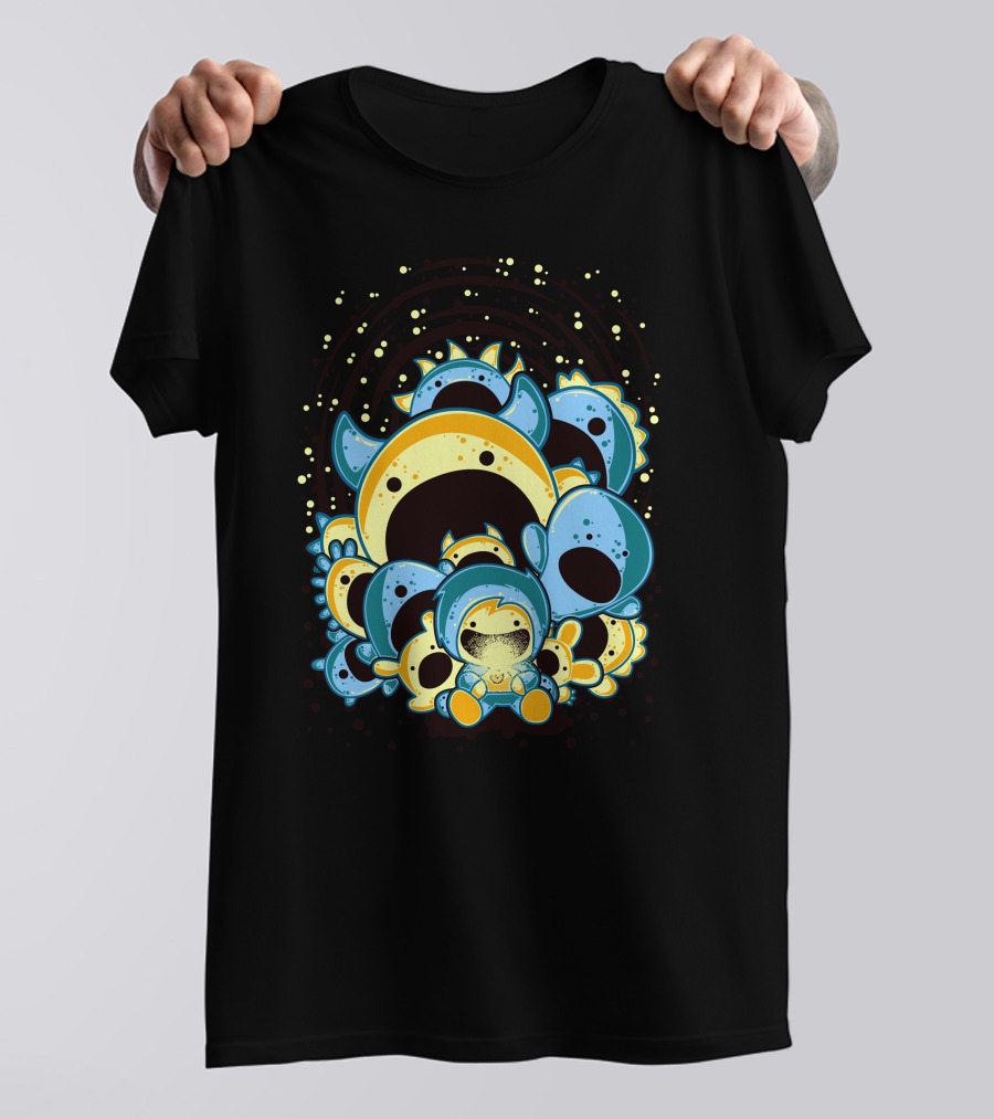 Child Surrounded By Cartoon Monsters In Blue And Yellow Shadows T-Shirt
