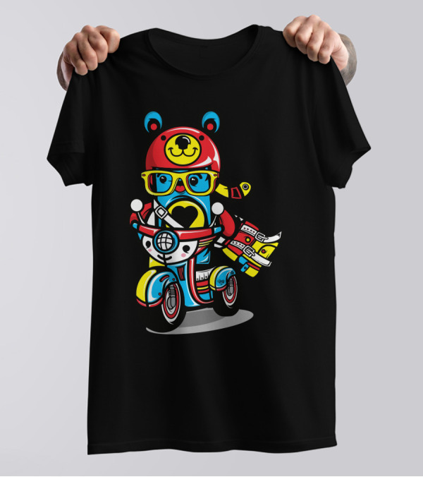 Chocotoy Bear Riding Scooter With Heart Helm And Glasses T-Shirt