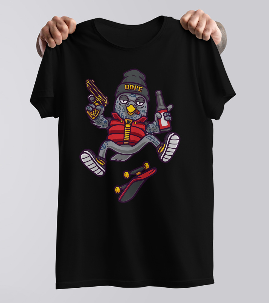 Dope Bird Gangster Style Beanie Bottle And Gun With Skateboard T-Shirt