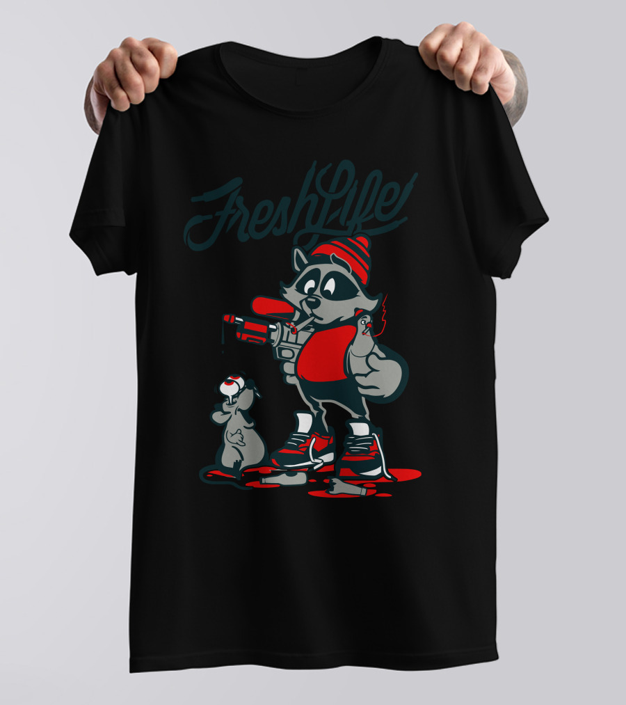 Fresh Life Raccoon With Paint Roller And Dog In Streetwear T-Shirt