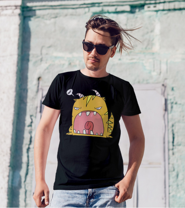 Ima Monster Rawr Yellow Cartoon Creature With Horns Large Mouth T-Shirt