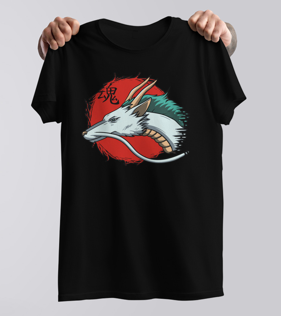 White Dragon With Red Sun And Japanese Kanji For Spirit T-Shirt