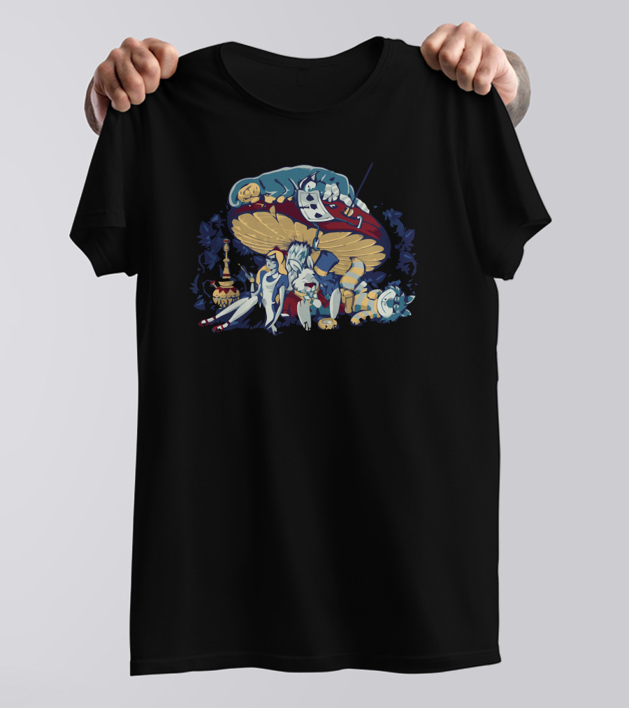 Alice Wonderland Mushroom Caterpillar Mad Hatter Smoking Scene T-Shirt