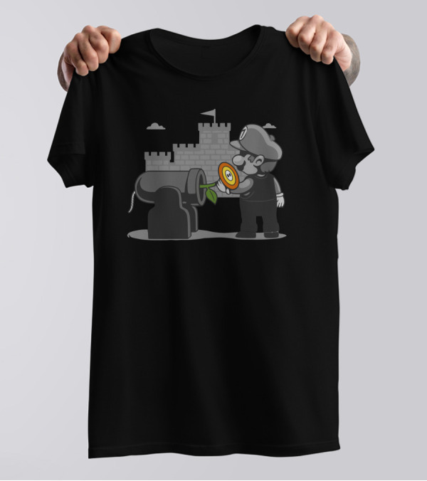 Pacifist Plumber Planting Flower In Cannon Near Castle T-Shirt