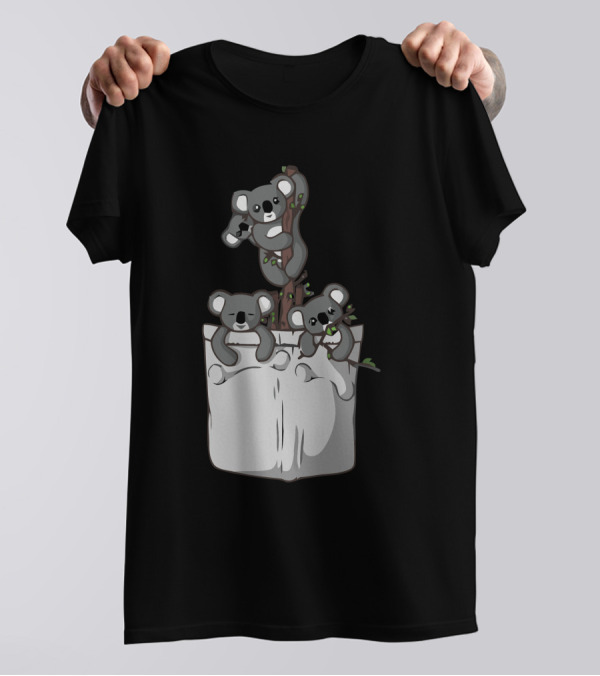 Pocket Koala Bears Trio On Tree Branch In Pocket T-Shirt