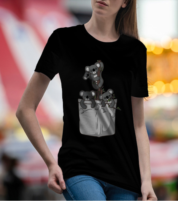 Pocket Koala Bears Trio On Tree Branch In Pocket T-Shirt