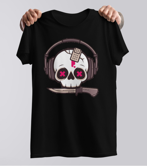 Skully Skull Headphones Knife Pink Cross Bandage T-Shirt