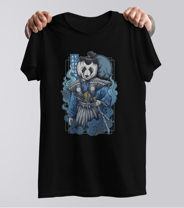 The Blue Samurai Panda Japanese Text Warrior T-Shirt