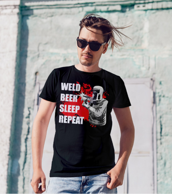 Weld Beer Sleep Repeat Welding Welder With Helmet T-Shirt