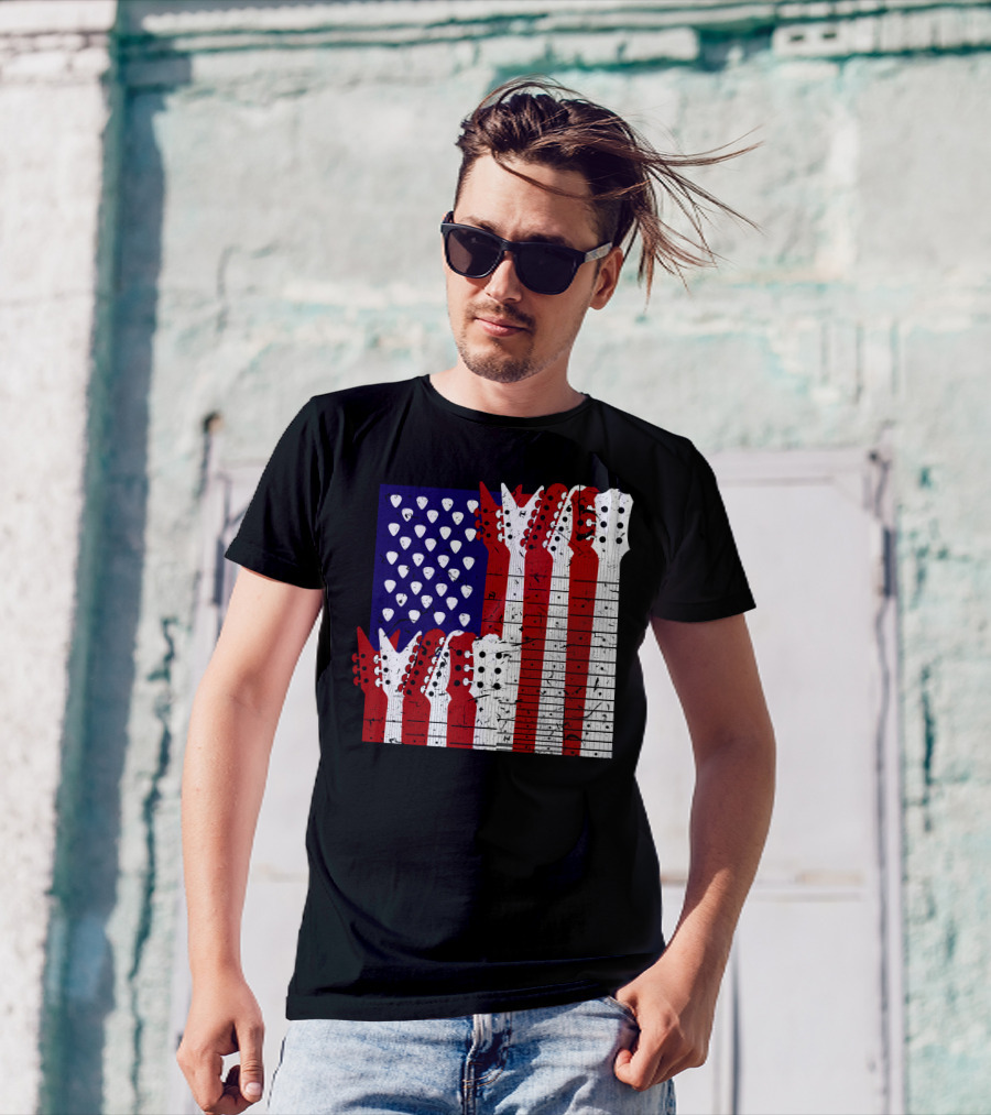 American Flag Guitar Headstocks Patriotic Music T-Shirt