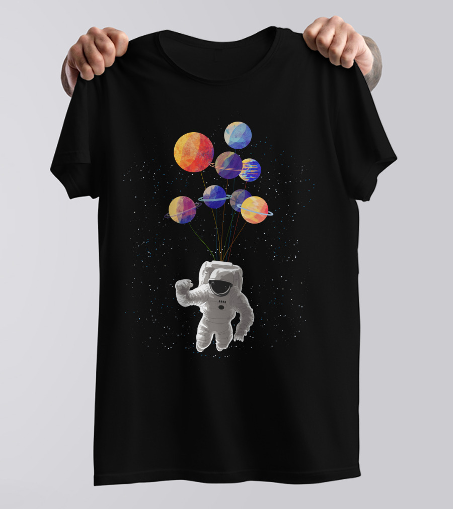 Astronaut Wandering In Space Colorful Planets Balloons Floating T-Shirt