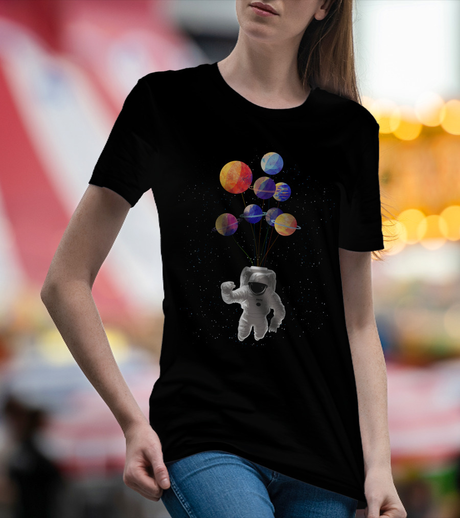 Astronaut Wandering In Space Colorful Planets Balloons Floating T-Shirt