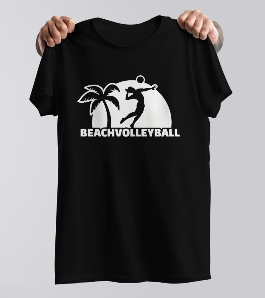 Beach Volleyball Player Silhouette Palm Tree Sun Background T-Shirt