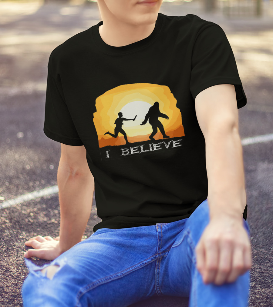 I Believe Bigfoot Crossing Passing Baton Sunset T-Shirt