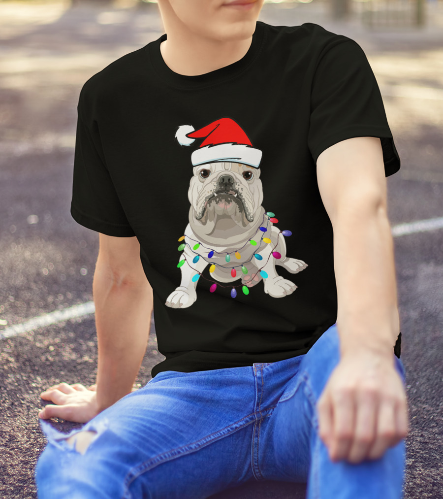 Bulldog Santa Christmas Lights T-Shirt