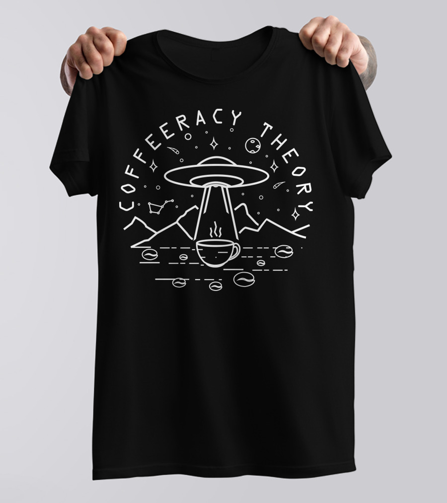 Coffeeracy Theory UFO Coffee Cup Mountain Constellation Cosmic Beans T-Shirt