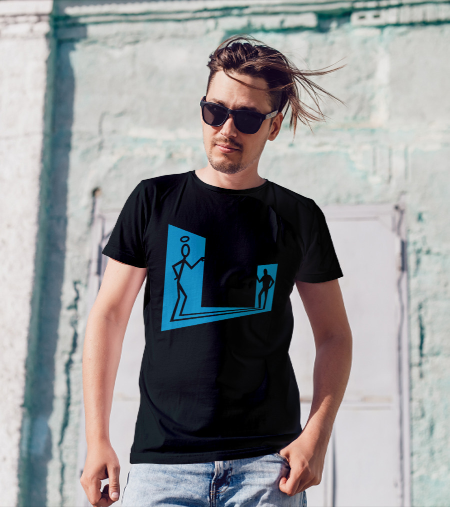 Enter The Saint Stick Figures With Halo And Shadow Silhouette In Blue Rectangular Frame T-Shirt