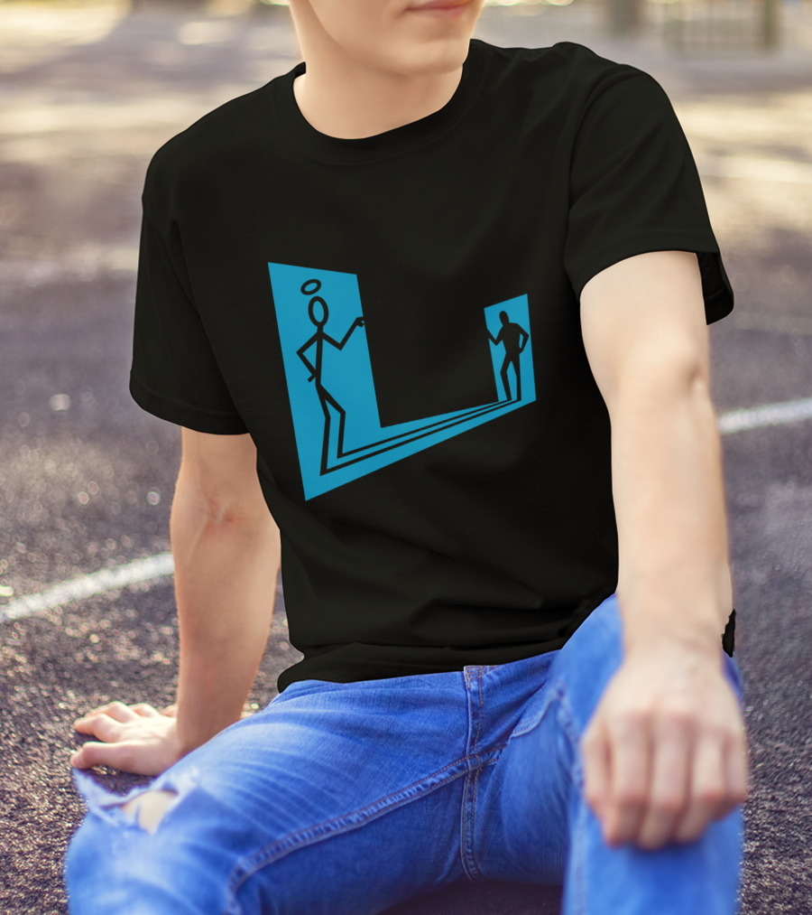 Enter The Saint Stick Figures With Halo And Shadow Silhouette In Blue Rectangular Frame T-Shirt