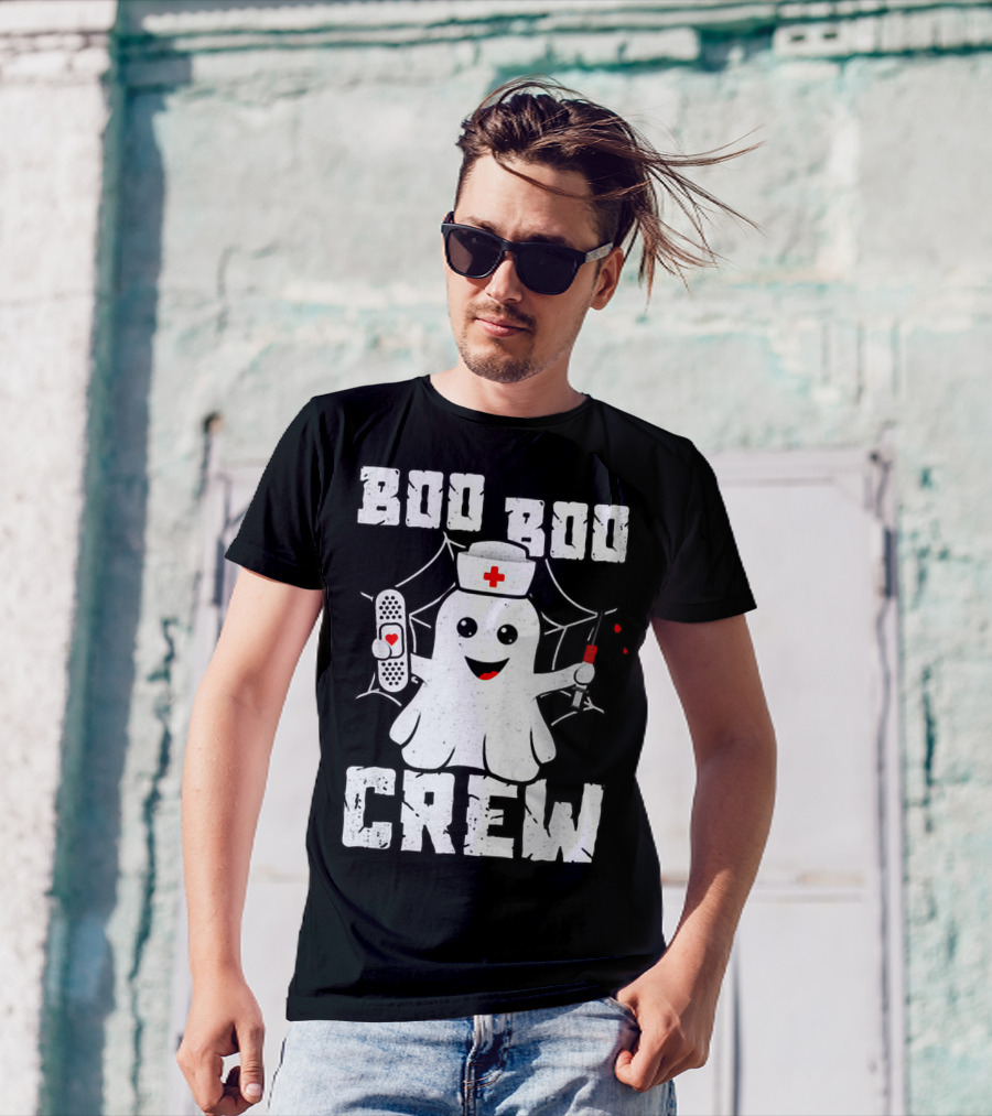 Ghost Nurse Halloween Boo Boo Crew Funny Costume With Bandage And Syringe T-Shirt