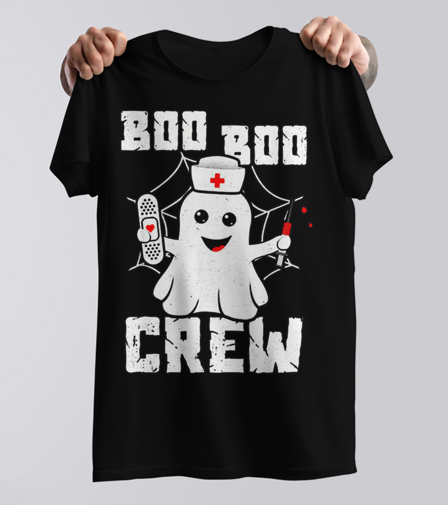 Ghost Nurse Halloween Boo Boo Crew Funny Costume With Bandage And Syringe T-Shirt