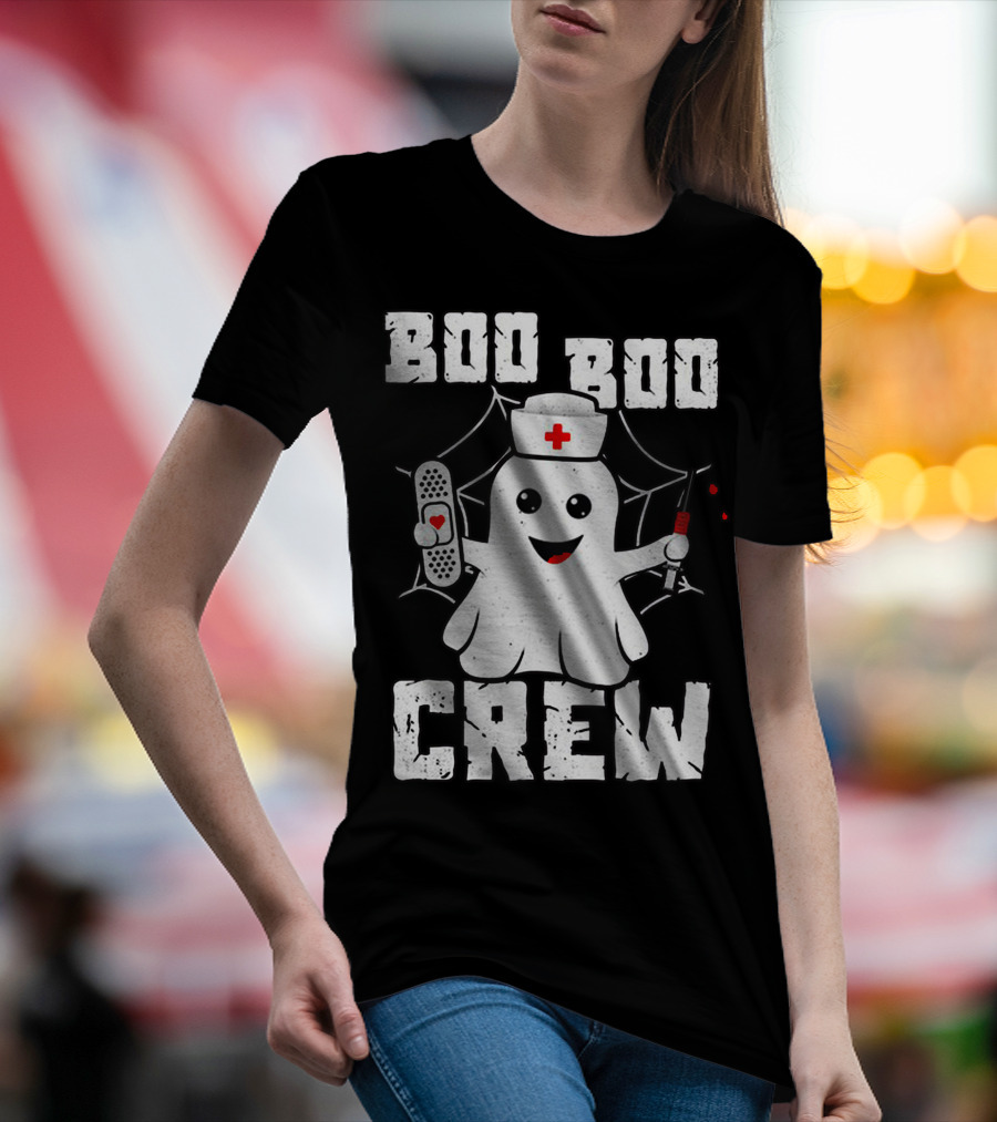 Ghost Nurse Halloween Boo Boo Crew Funny Costume With Bandage And Syringe T-Shirt