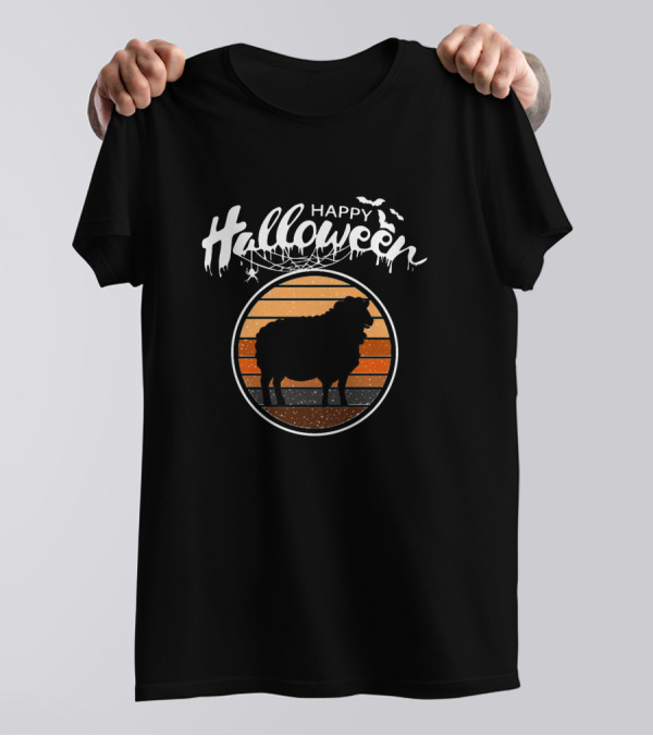 Happy Halloween Beautiful Sheep Silhouette Sunset Bats T-Shirt