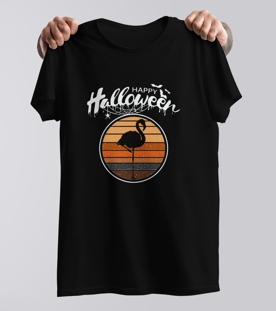 Happy Halloween Flamingo With Sunset And Bats T-Shirt