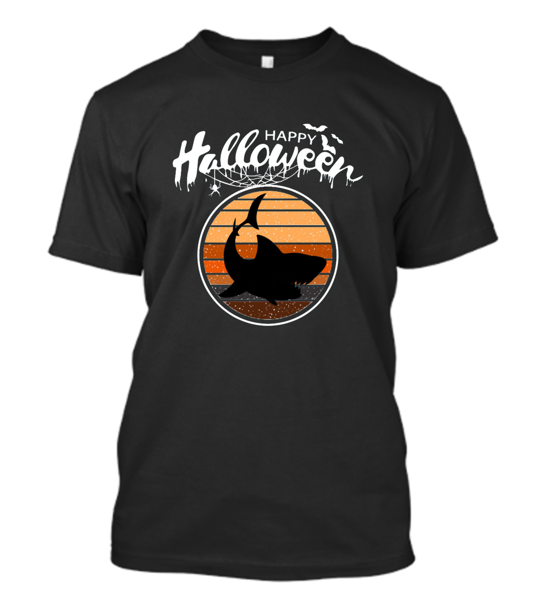 Happy Halloween Sunset Silhouette Shark With Bats T-Shirt