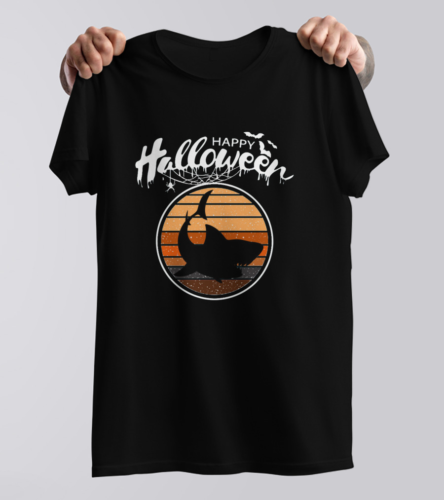 Happy Halloween Sunset Silhouette Shark With Bats T-Shirt