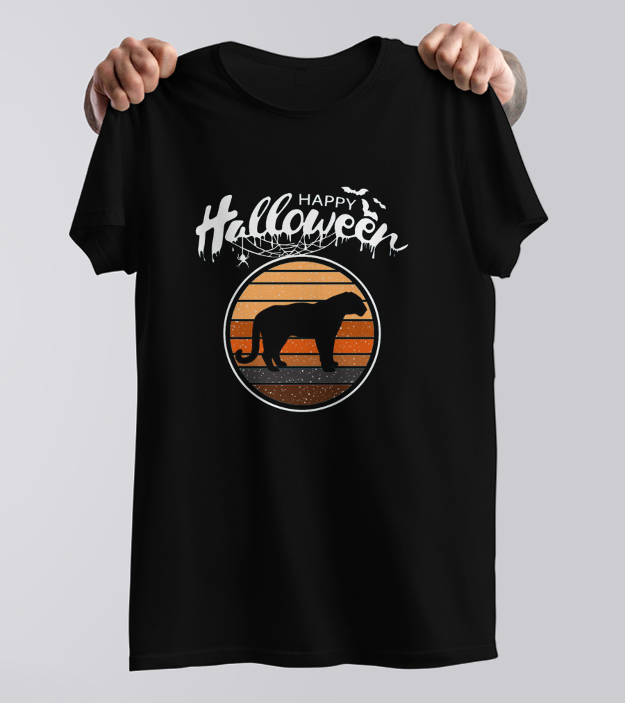 Happy Halloween Tiger Silhouette Sunset With Bats T-Shirt