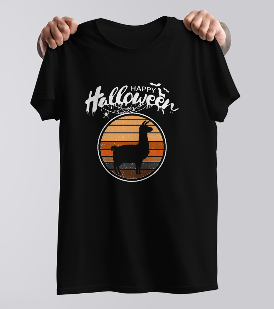 Happy Halloween Funny Llama With Sunset And Bats T-Shirt