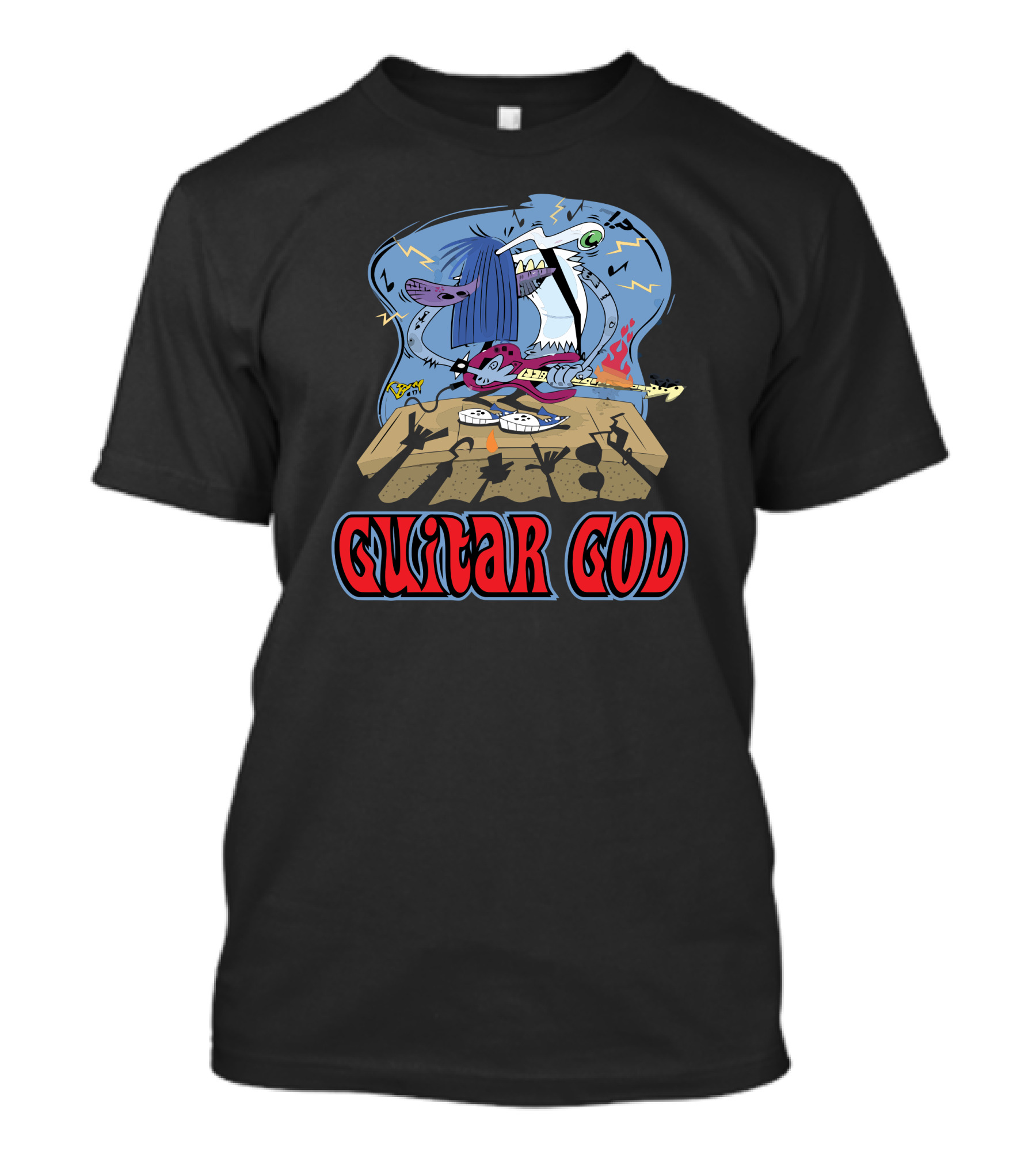 Guitar God Rocking Cartoon Character On Stage With Lightning And Audience Shadows T-Shirt