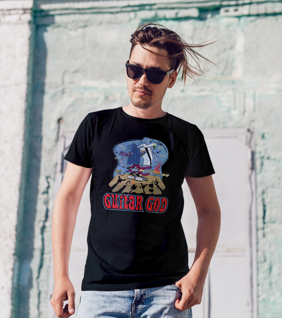 Guitar God Rocking Cartoon Character On Stage With Lightning And Audience Shadows T-Shirt
