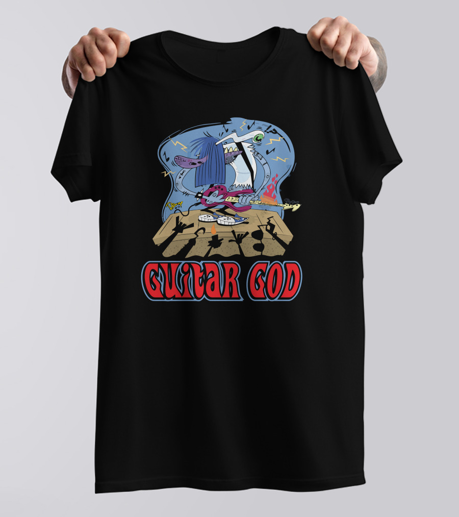 Guitar God Rocking Cartoon Character On Stage With Lightning And Audience Shadows T-Shirt