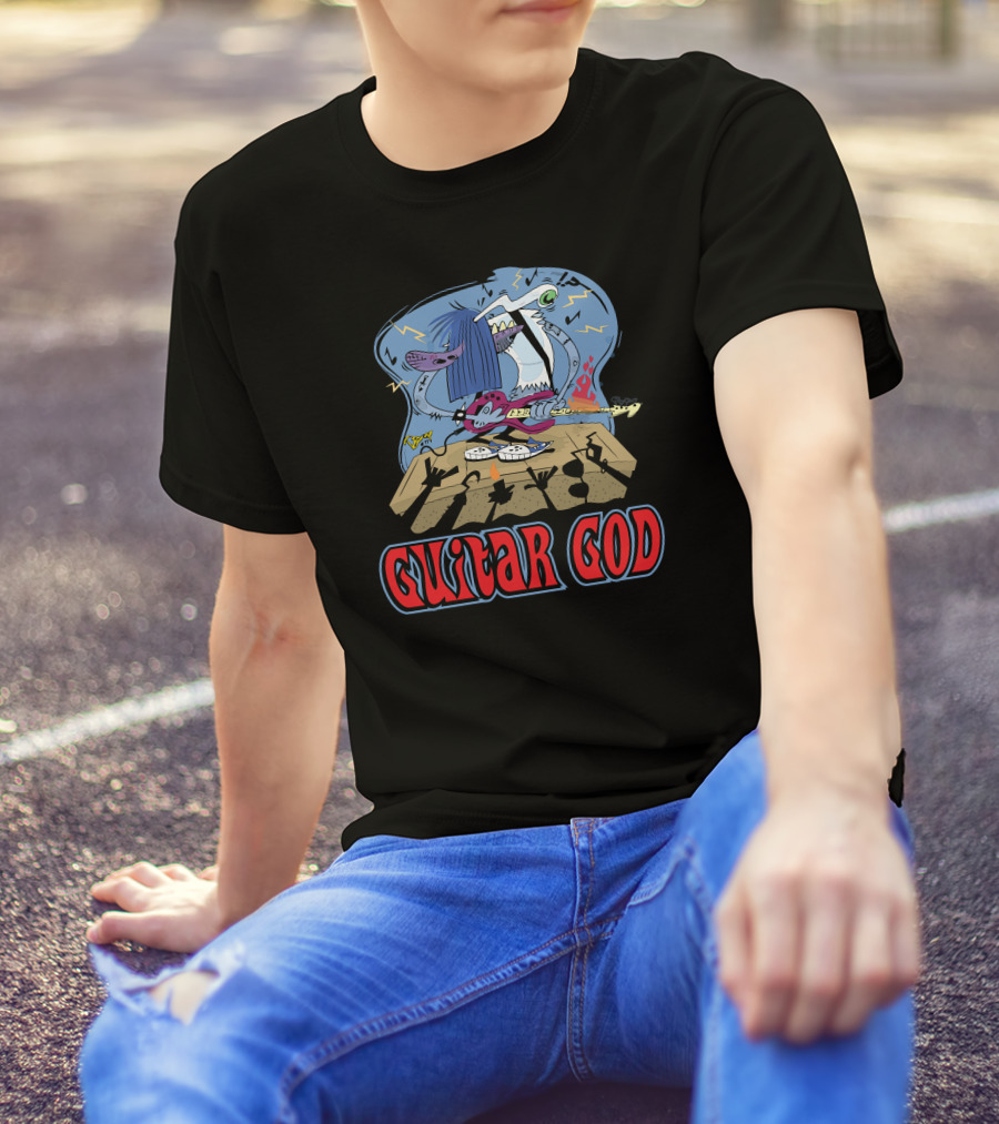 Guitar God Rocking Cartoon Character On Stage With Lightning And Audience Shadows T-Shirt